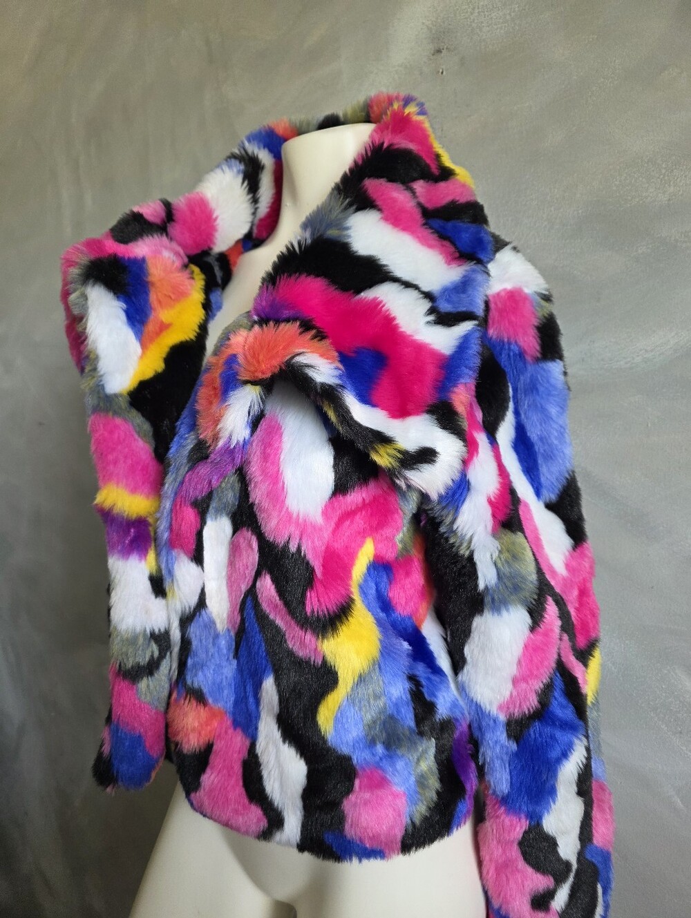 Multicolored Camo Pattern Faux Fur Wide Collar Open Front Crop Jacket S Women - Picture 3 of 11